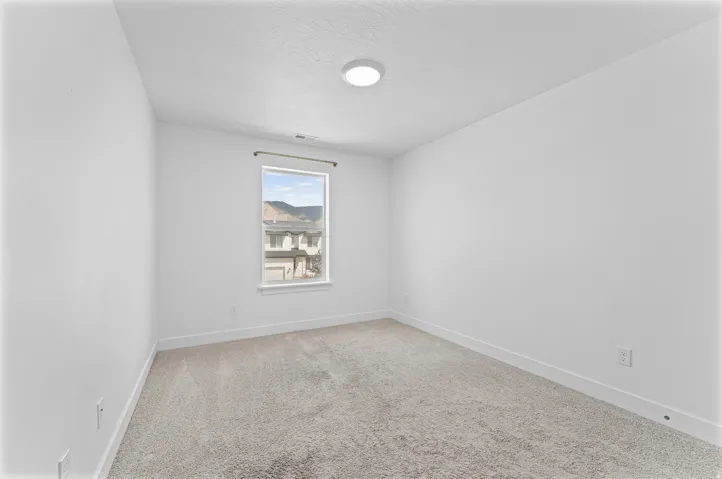 Neutral tone wall finishes, gray carpet, single window, and flush-mount ceiling light