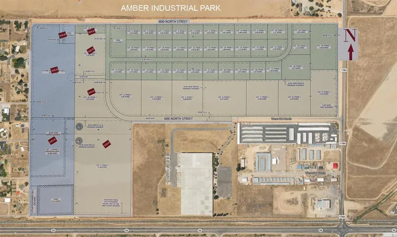Industrial Park Site Plan. An aerial view of the property with lot designations and current transaction statuses