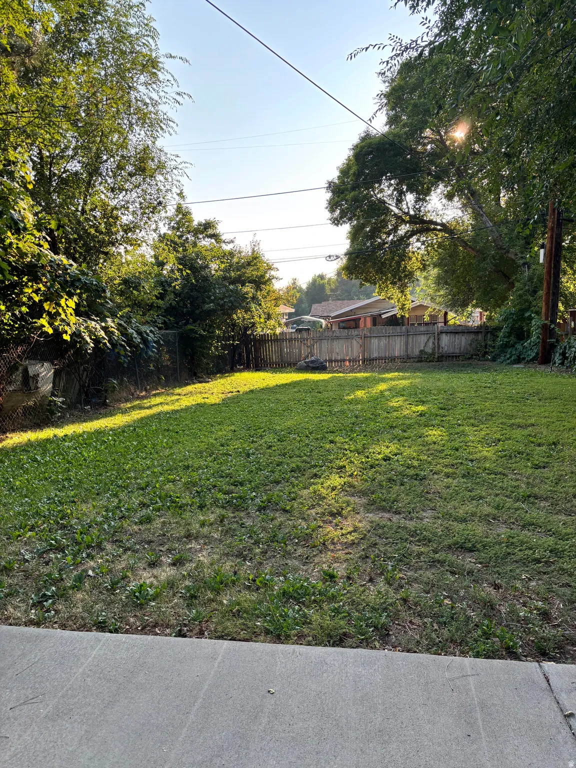 Expansive green lawn with mature perimeter trees and a wood fence