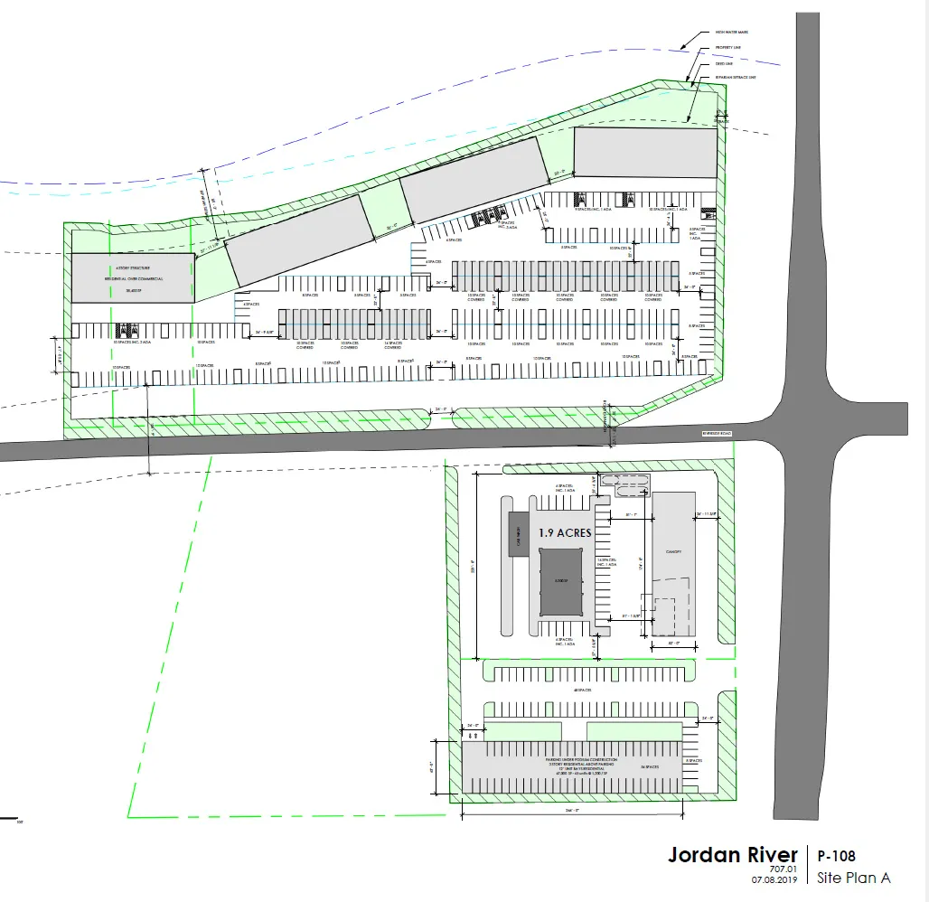 Site Plan A. Illustrating the layout and features of the property, including buildings, parking, and land area designations