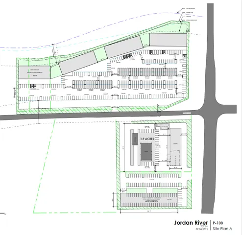 Site Plan A. Illustrating the layout and features of the property, including buildings, parking, and land area designations