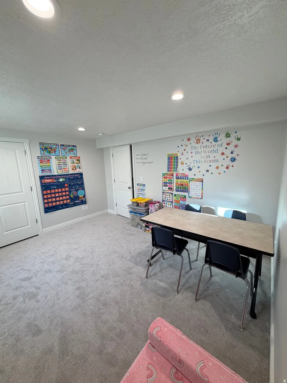 Bedroom 4: Large basement Bedroom with large double closet doors and plush carpet flooring.