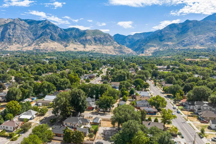 Expansive residential area featuring established tree canopy, mountain backdrop, and clear sky