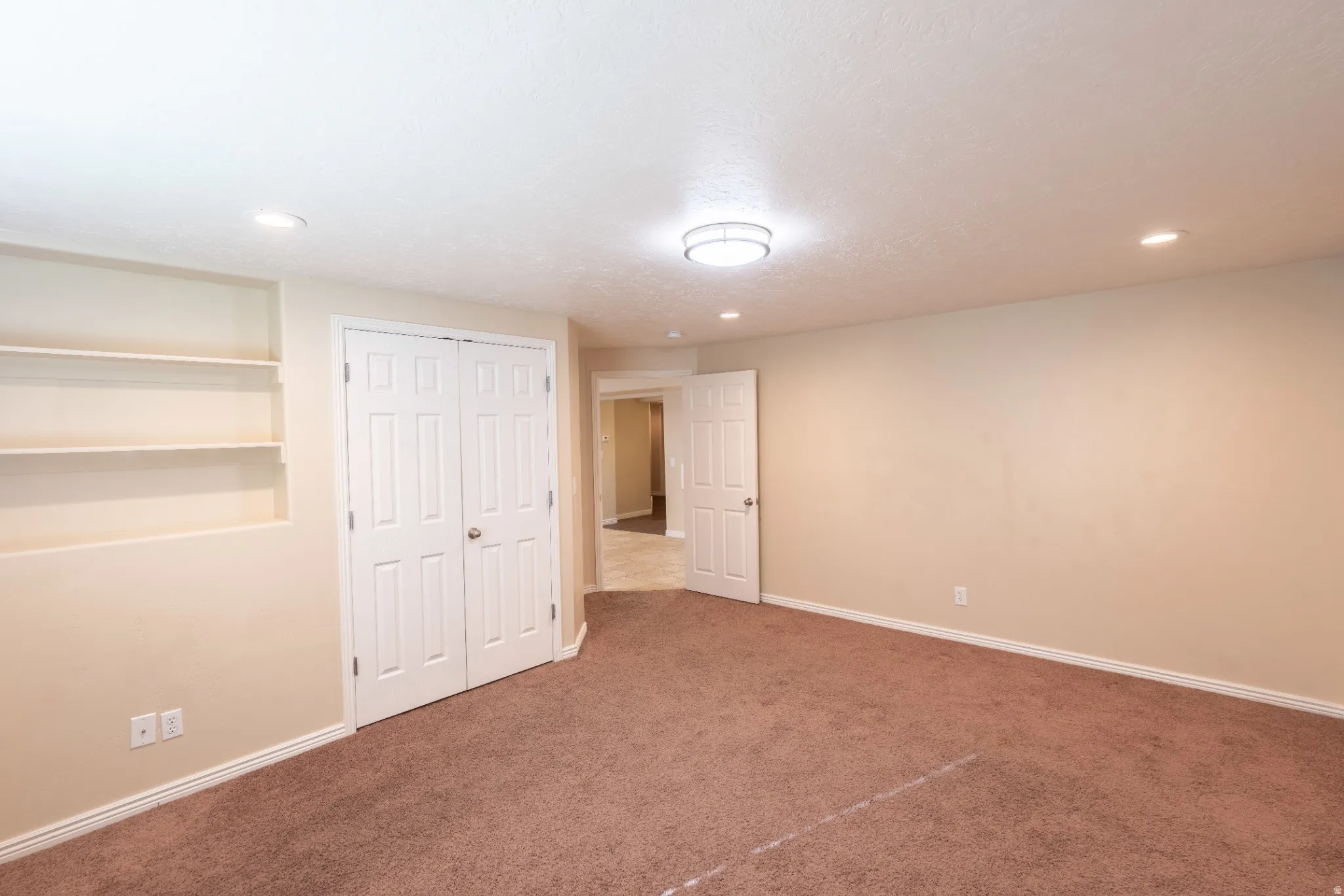 Recessed lighting, built-in shelving, carpet flooring, flush mount lighting, and panel doors
