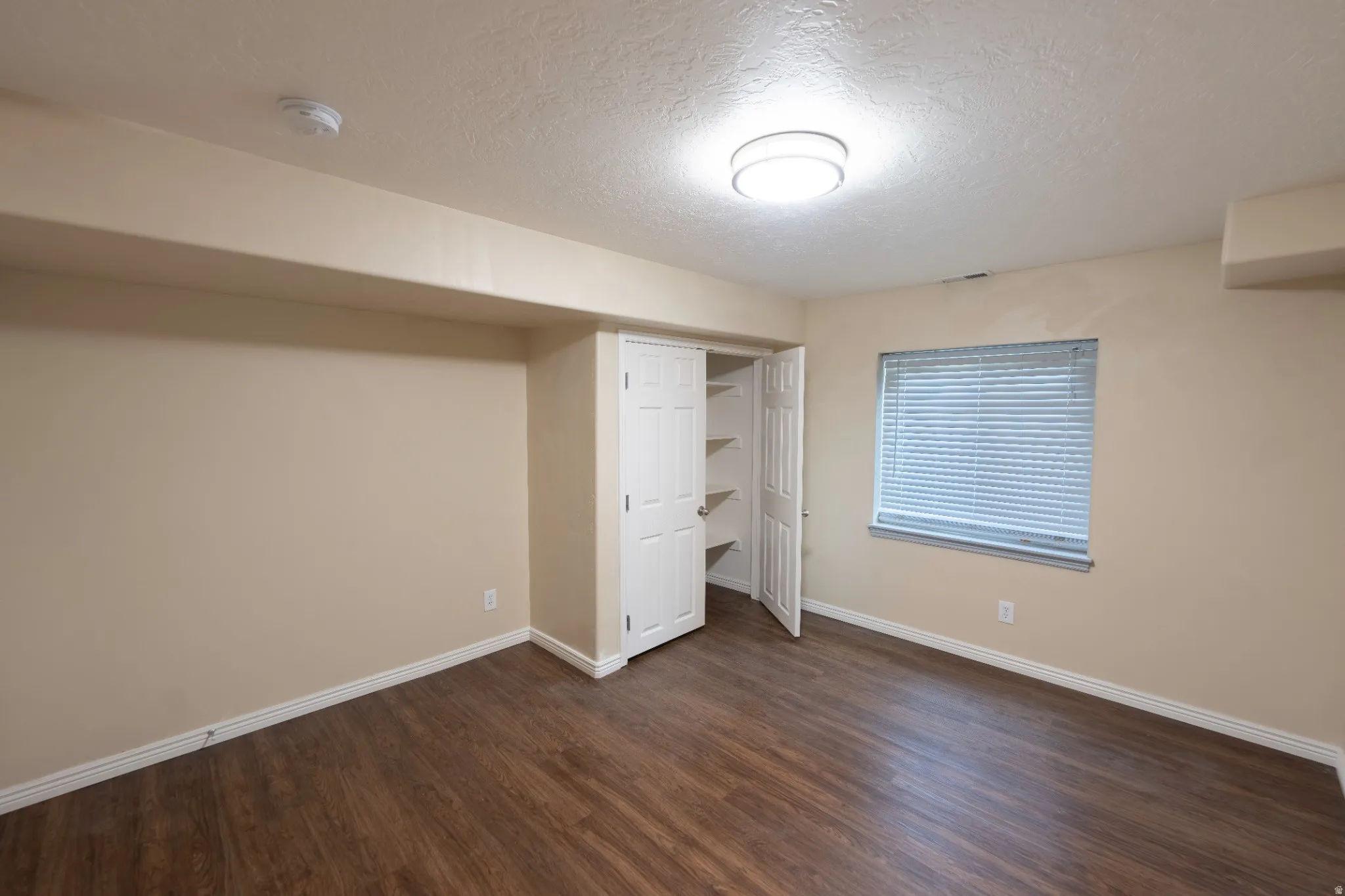 Wood-finish flooring, recessed window with blinds, built-in closet with shelving, overhead flush-mount lighting, and neutral wall paint