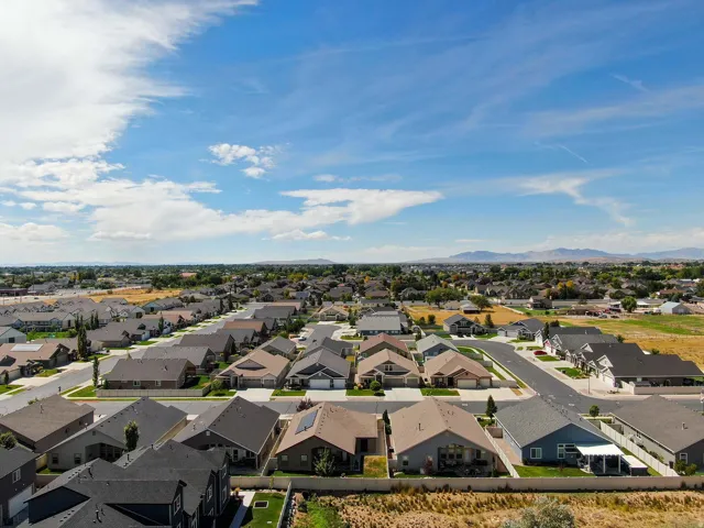 Residential community with varied architectural styles and paved streets