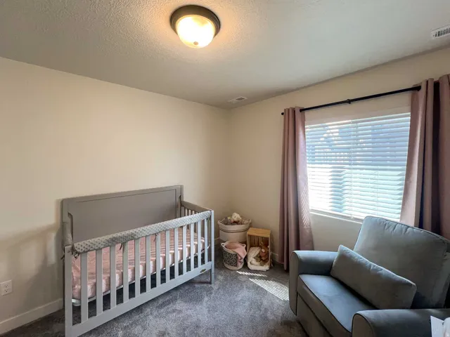 Window with blinds, wall-to-wall carpeting, and flush mount ceiling light