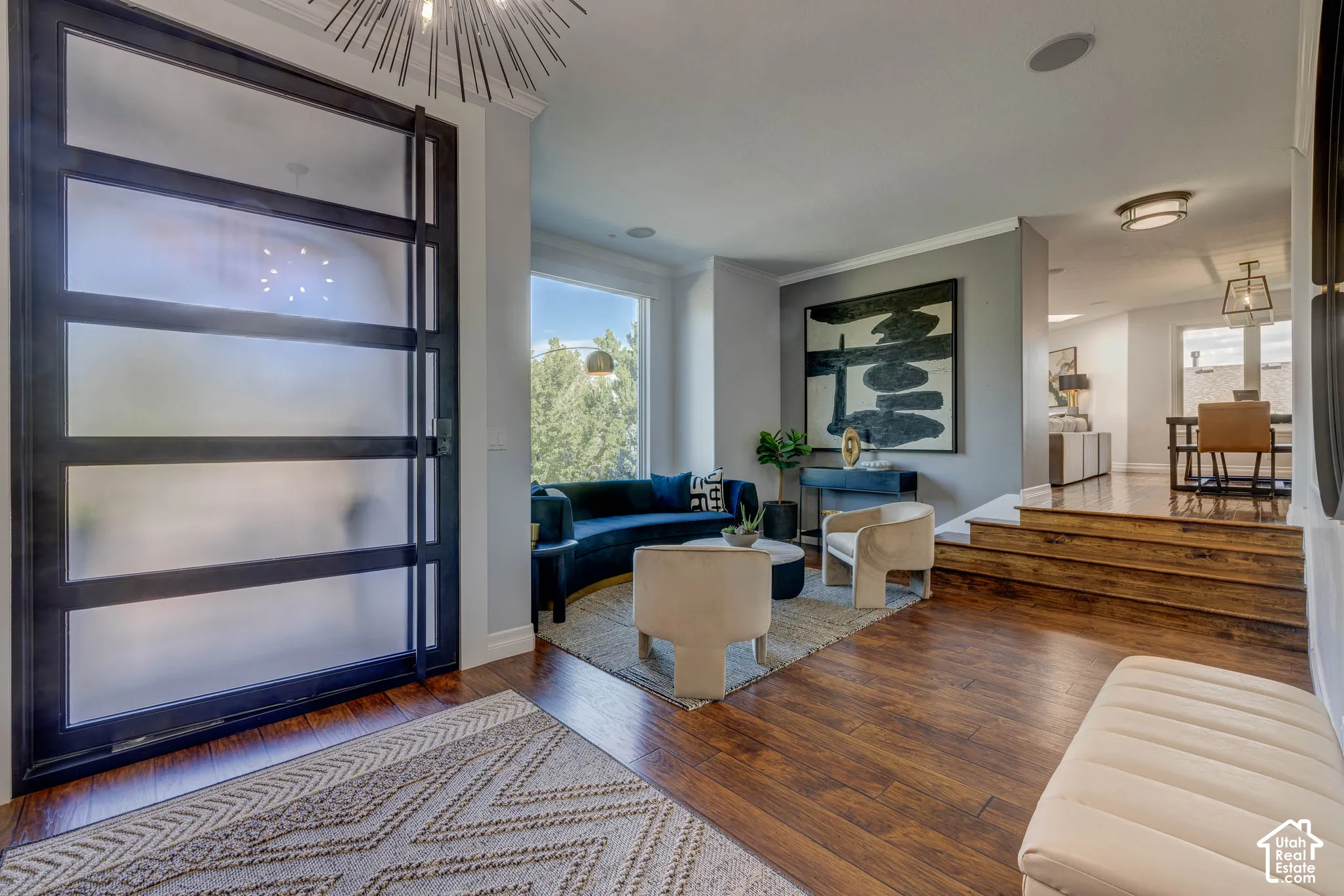 Entryway featuring a modern frosted glass door, wood-finish flooring, and recessed lighting