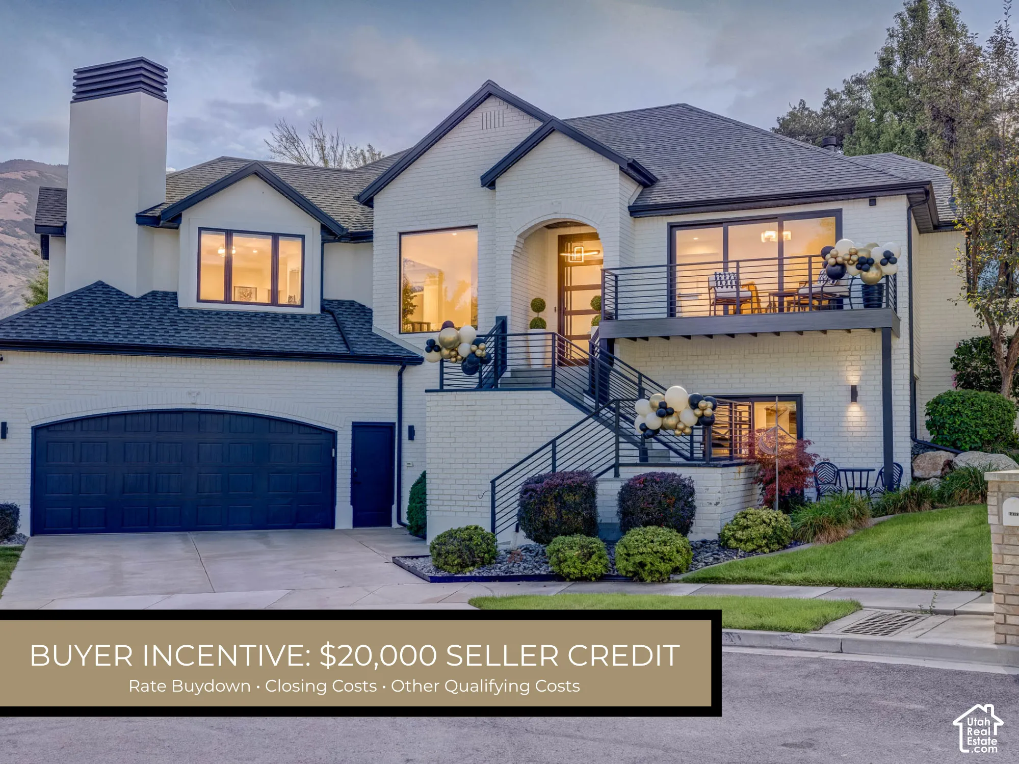 Contemporary white brick exterior with dark trim accents