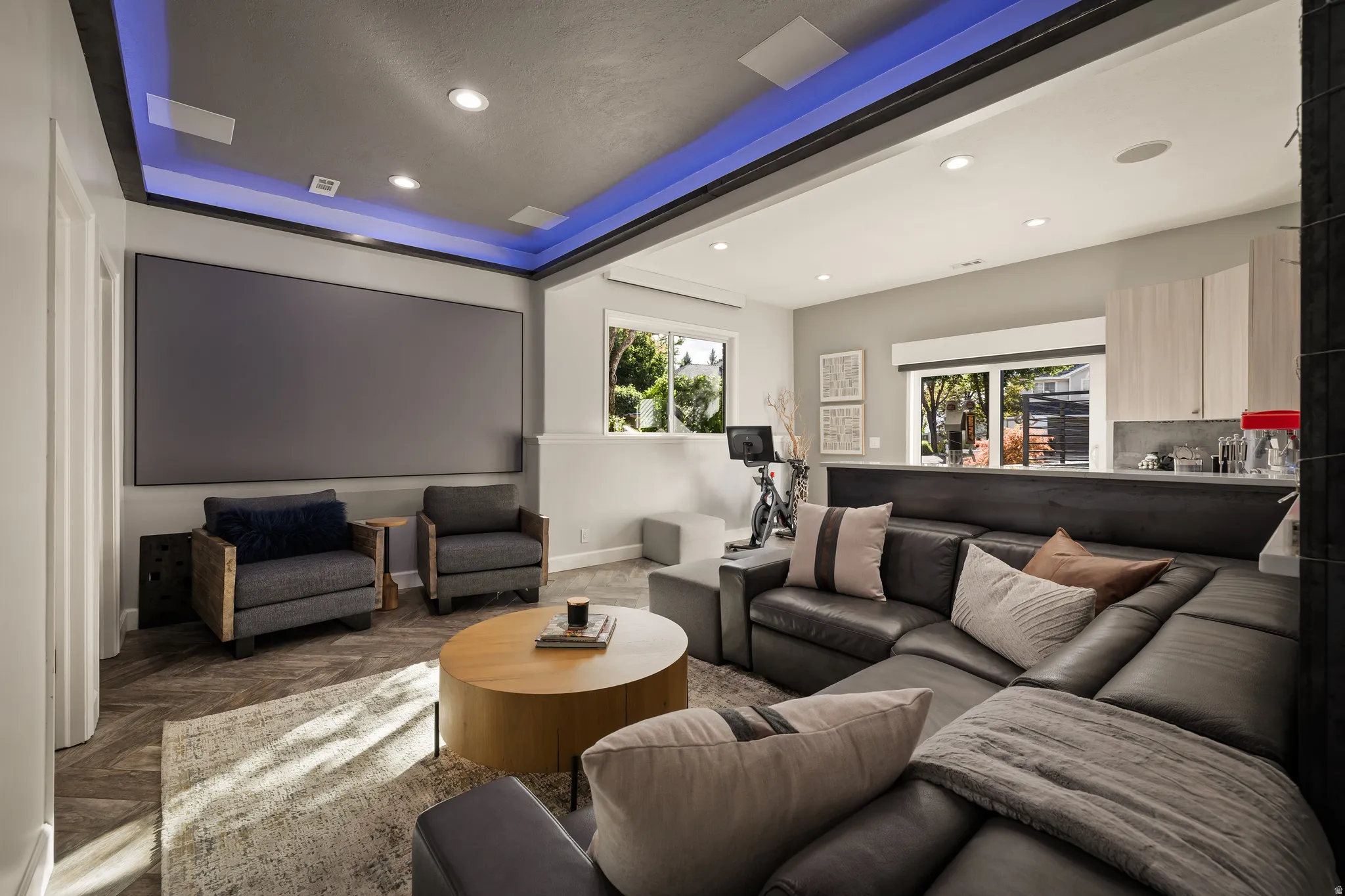 Recessed lighting, wood-finish flooring, built-in display screen, and a built-in bar area with cabinetry