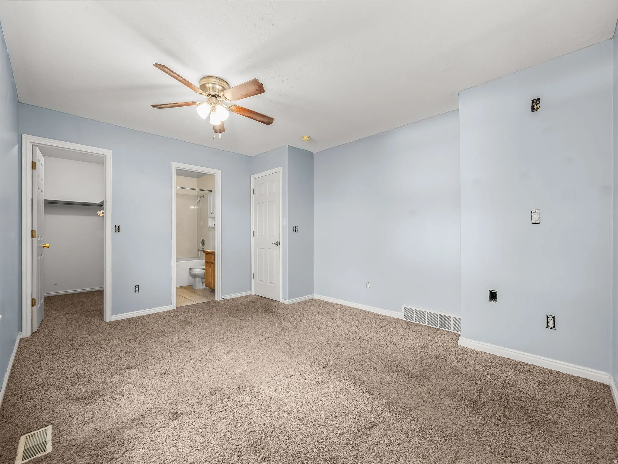 Carpeted flooring with light blue walls, a ceiling fan, and white trim