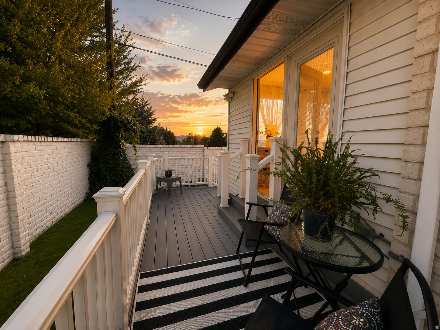 Outdoor deck with composite decking, white railing, and white painted brick wall