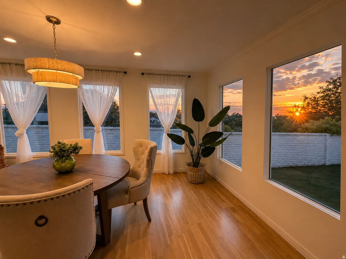 Hardwood flooring, recessed lighting, tiered chandelier, multiple windows, and crown molding