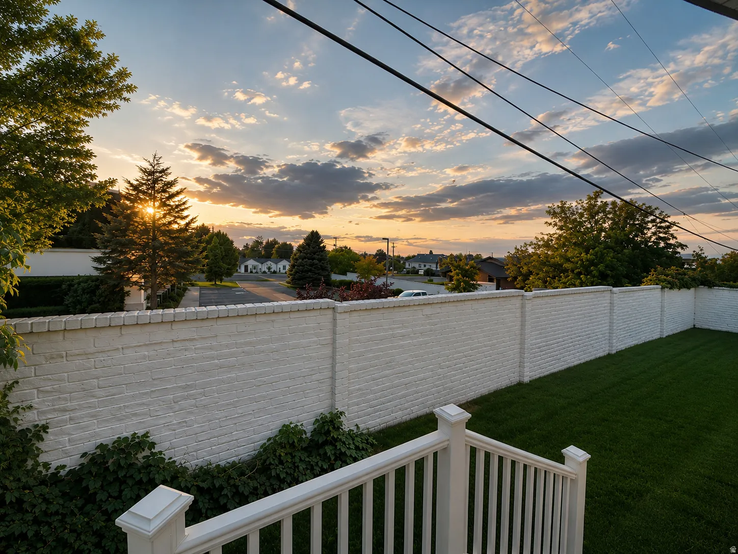 White painted brick perimeter wall with green lawn