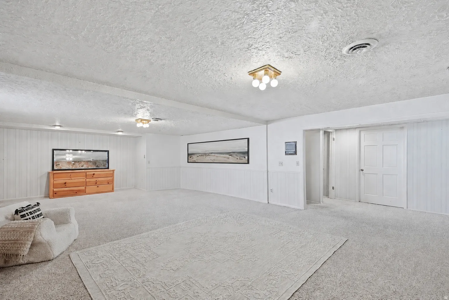 Spacious room featuring light-colored carpeting, white paneled walls, and multiple ceiling light fixtures