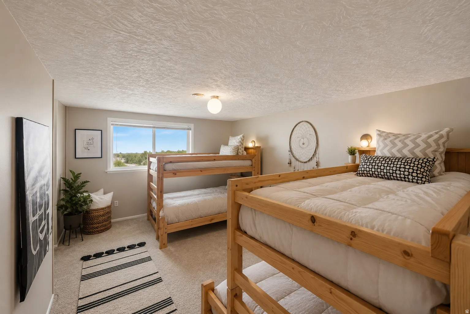 Carpeted room with a horizontal window and two wooden bunk beds