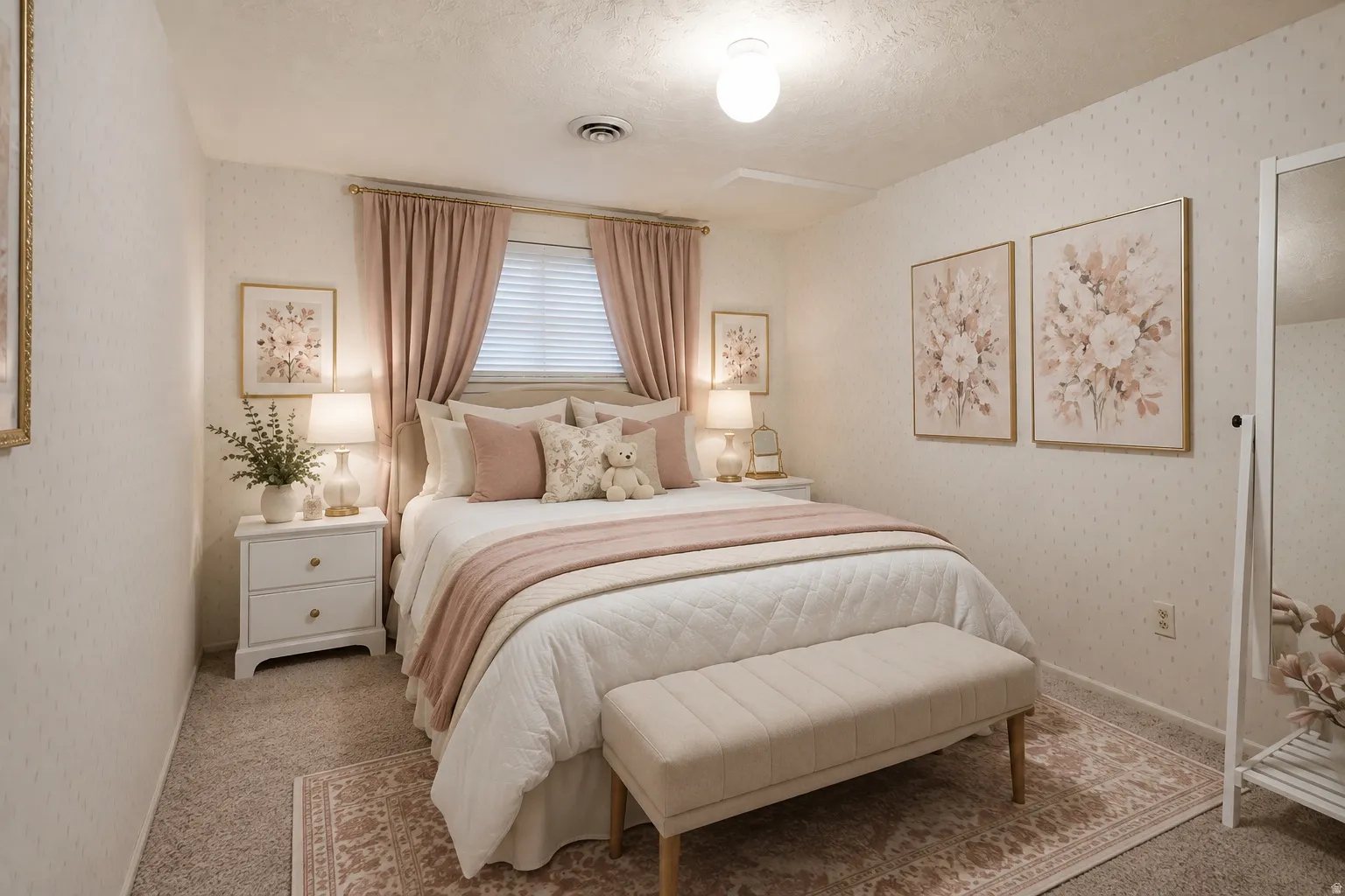 Neutral wall covering, window with privacy blinds, flush mount ceiling light, and wall-to-wall carpeting