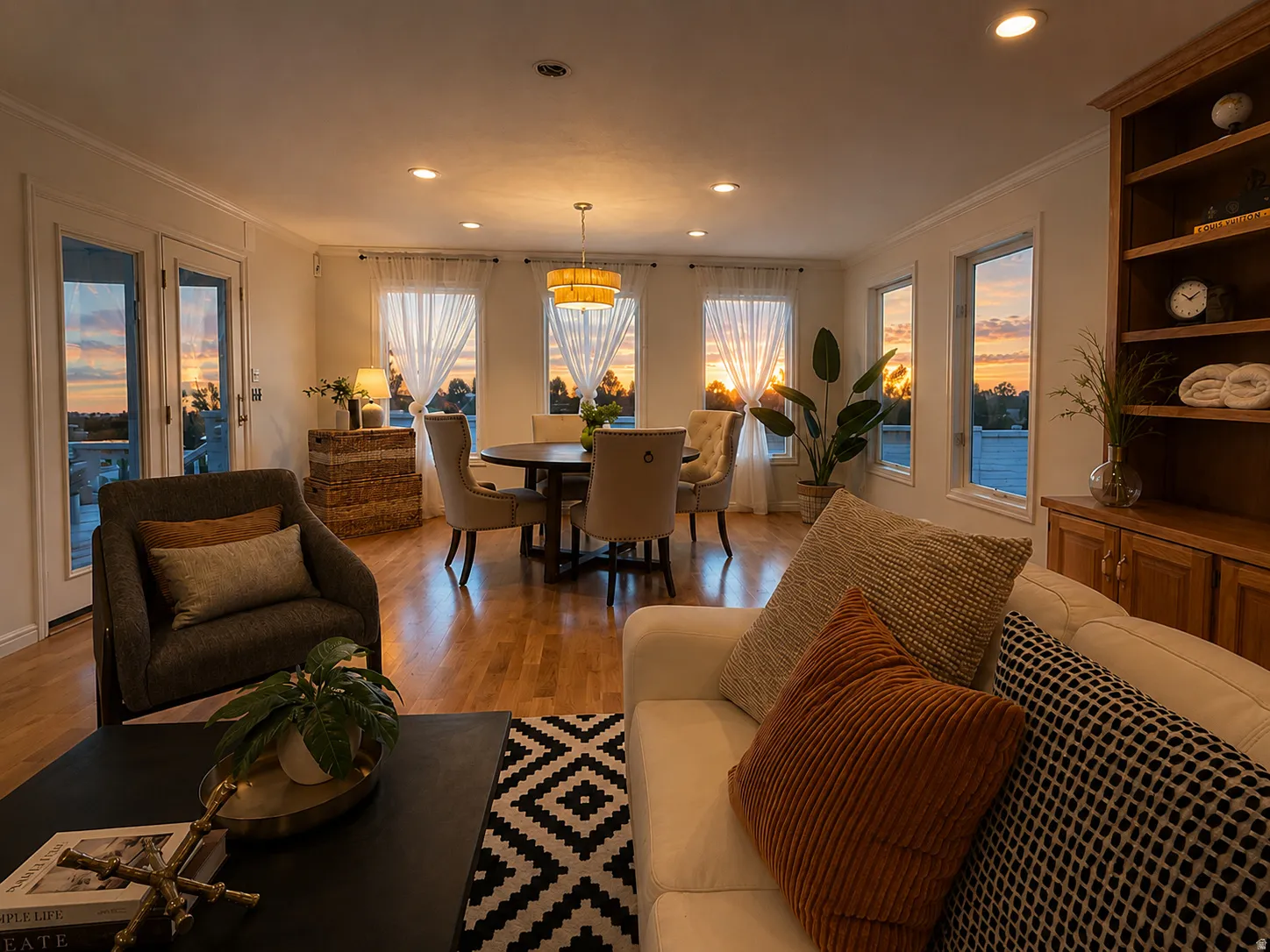 Wood-finish flooring, recessed lighting, and a built-in wood bookshelf with lower cabinetry