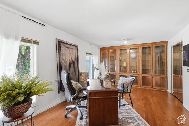 Wood-finish flooring, built-in display cabinetry with glass fronts, recessed lighting, and white window frames