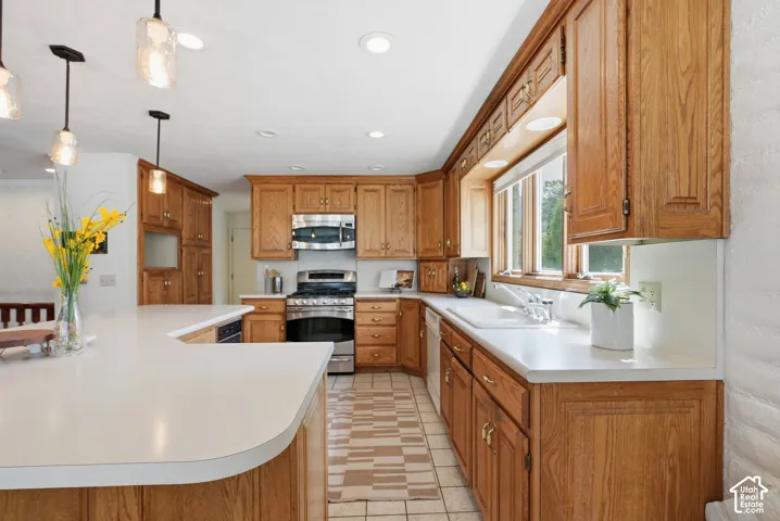 Kitchen featuring extensive wood cabinetry, white countertops, built-in stainless steel appliances, a white sink, and recessed lighting