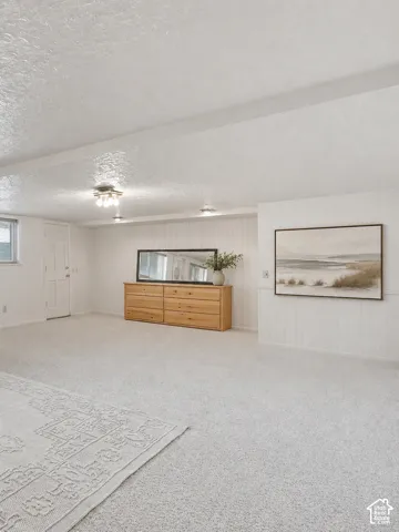 Spacious room featuring light-toned carpeting and multiple ceiling-mounted light fixtures
