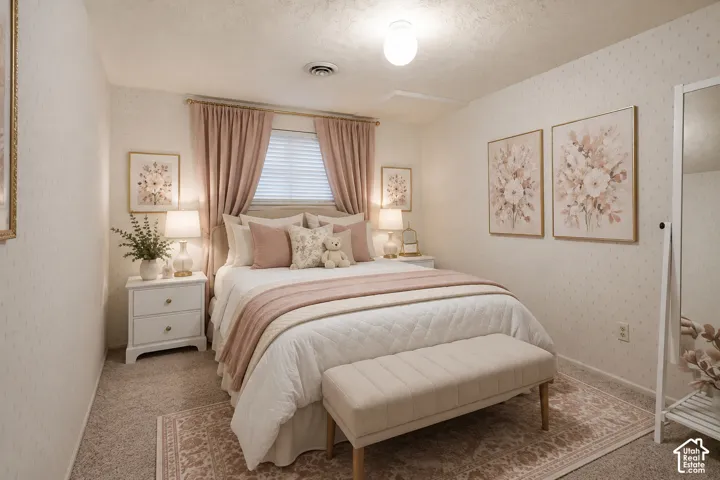 Neutral wall covering, window with privacy blinds, flush mount ceiling light, and wall-to-wall carpeting