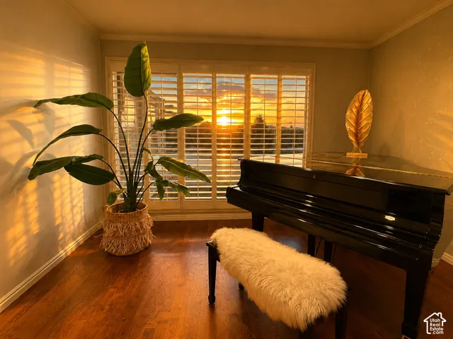 Window with plantation shutters and hardwood flooring