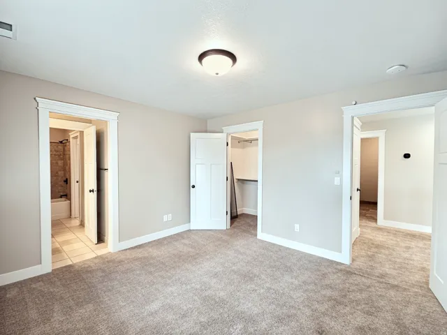 Plush carpeting, walk in closet, white paneled doors with black hardware, and an overhead flush-mount light fixture