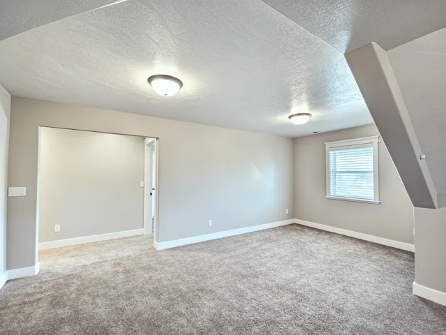 Neutral tone walls, textured ceiling, flush mount lighting, single window with blinds, and neutral carpet