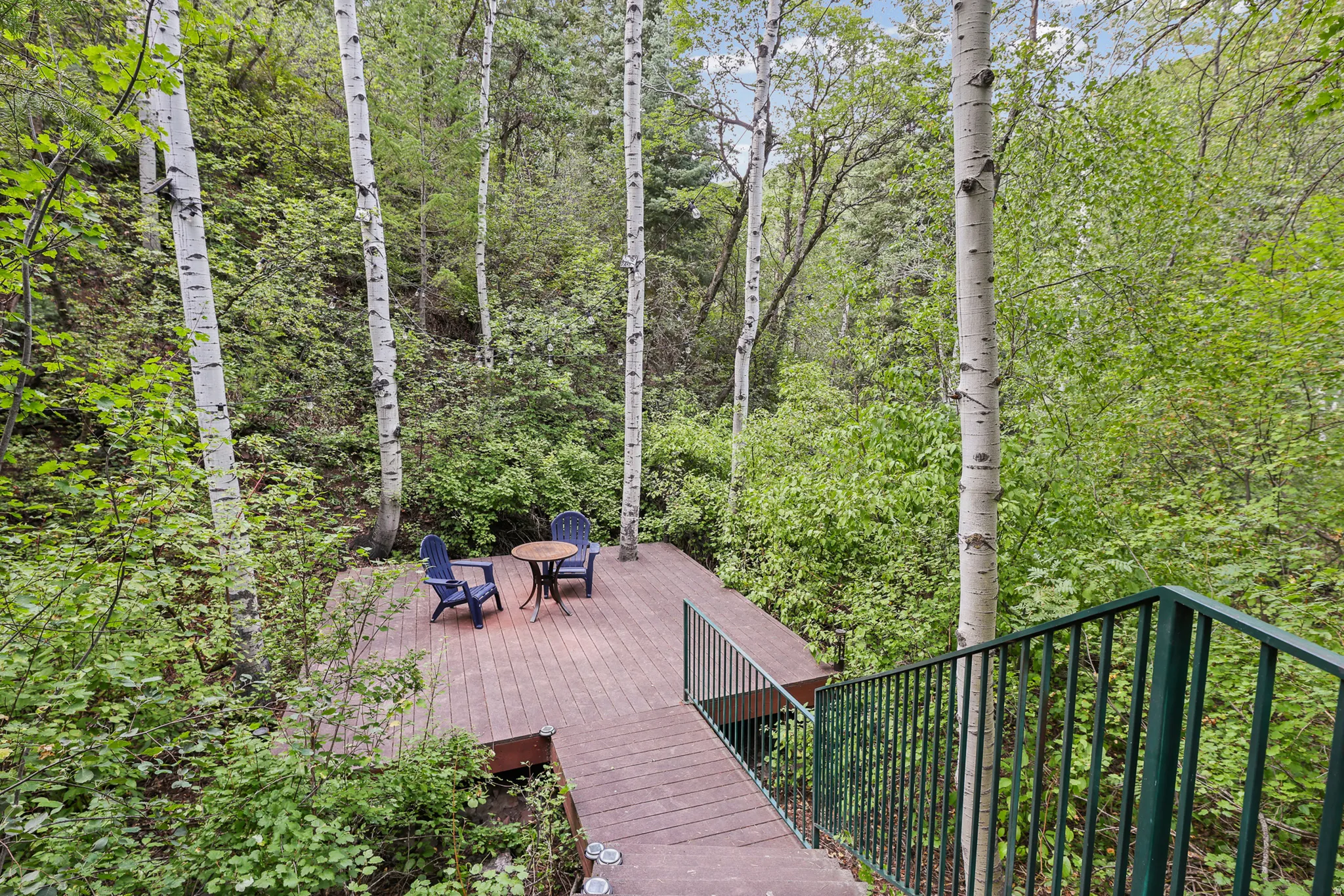 Tiered deck surrounded by nature. Wiggh creek run through.