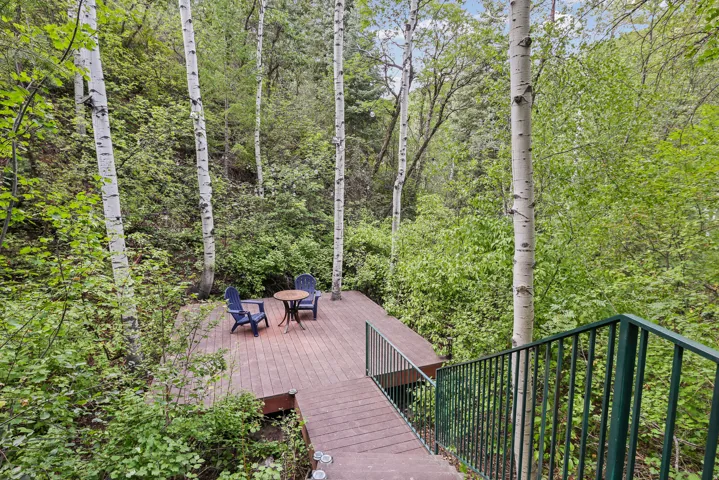Tiered deck surrounded by nature. Wiggh creek run through.