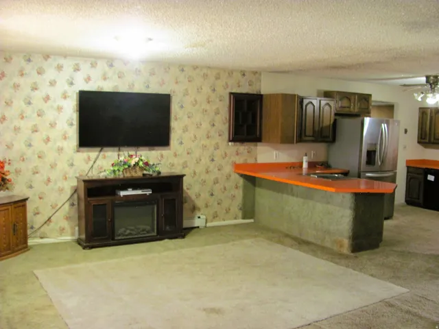 Kitchen area featuring dark wood-finish cabinetry and an orange countertop
