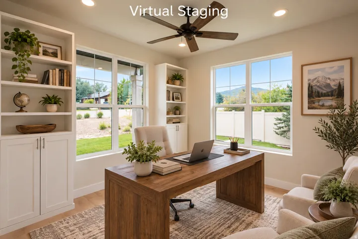 Built-in shelving with lower cabinetry, wood-finish flooring, recessed lighting, and a ceiling fan