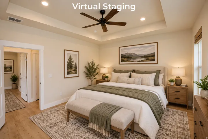 Tray ceiling with recessed lighting and a ceiling fan, wood-finish flooring, and a window with a woven shade