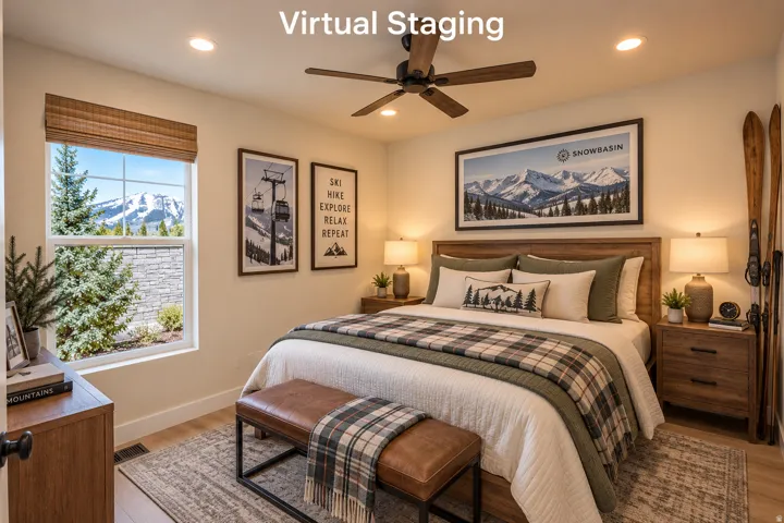 Wood-finish flooring, recessed lighting, ceiling fan, and window with stone and evergreen landscaping