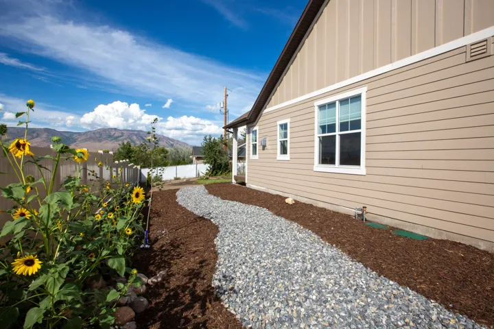 Exterior siding with white-trimmed windows