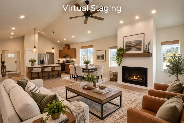 Vaulted ceilings with recessed lighting, an open-concept kitchen and dining area, a built-in fireplace with a wood mantle, stainless steel appliances, and wood-finish flooring