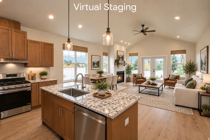 Wood-finish flooring throughout, vaulted ceiling with recessed lighting, stainless steel kitchen appliances, granite-style kitchen countertops, and a built-in fireplace