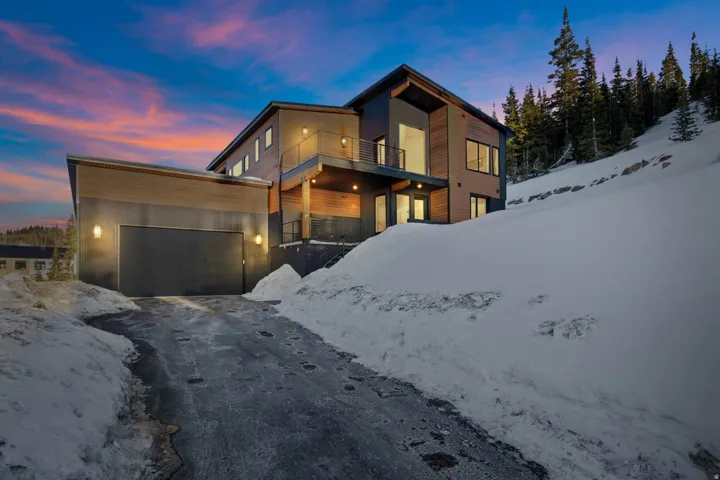 Contemporary architectural design featuring a multi-level structure, wood-tone siding accents, and a prominent attached garage with a dark-paneled door