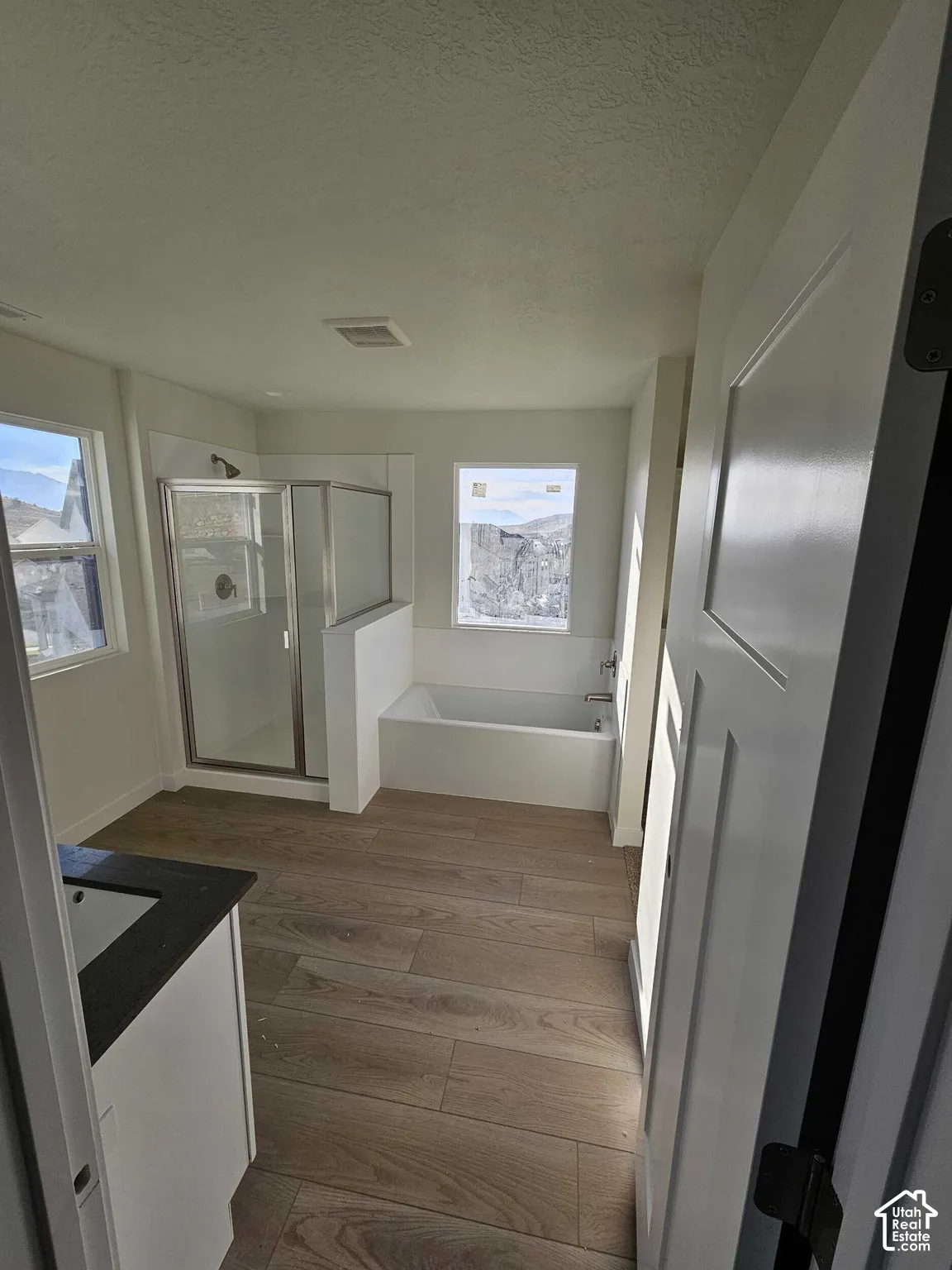 Wood-finish flooring, built-in bathtub, glass-enclosed shower, dual windows, and a vanity with a dark countertop
