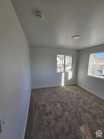 Neutral wall finishes, recessed ceiling lighting, and two windows