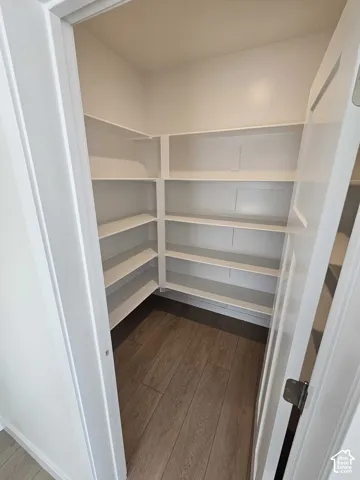 Walk-in pantry with extensive built-in shelving and wood-finish flooring