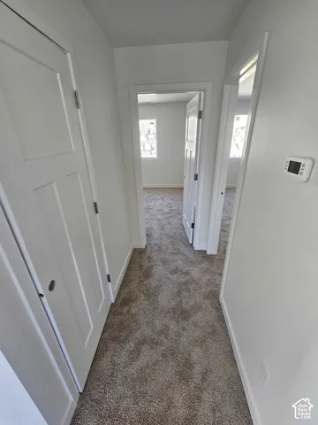 Neutral-toned carpeting throughout the hallway, white interior doors, and clean white walls