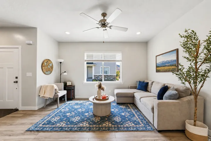 Neutral walls complement wood-finish flooring