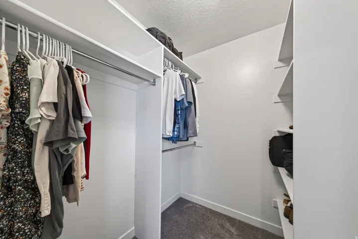Walk-in closet with built-in shelving, multiple hanging rods, and carpet flooring