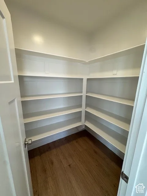 Walk-in pantry featuring extensive built-in shelving, wood-finish flooring, and crisp white painted walls