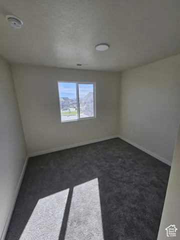 Neutral wall paint, gray carpet flooring, white trim, and a flush-mount ceiling light