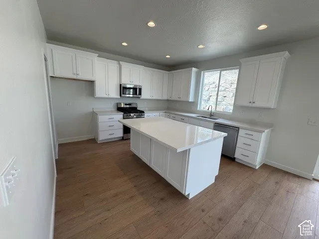 Kitchen featuring white cabinetry, light-toned countertops, a central island, stainless steel appliances, and wood-finish flooring