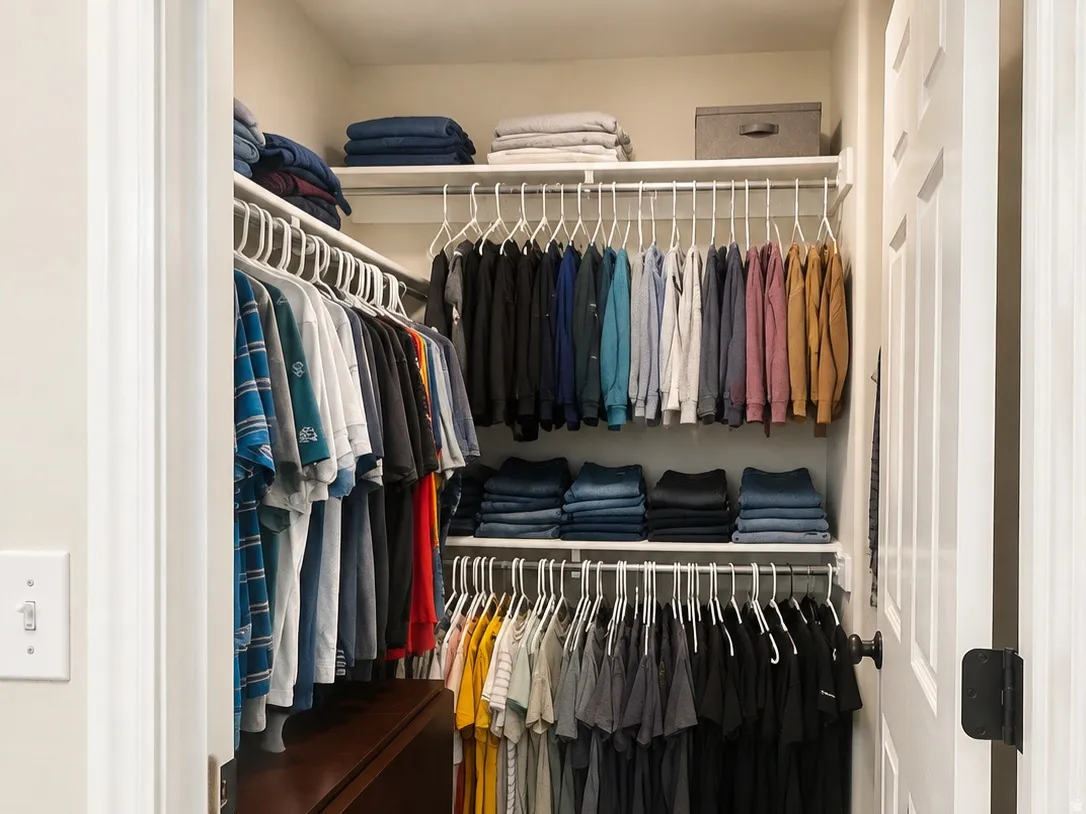 Recessed ceiling lighting, carpet flooring, built-in shelving, and hanging rod storage