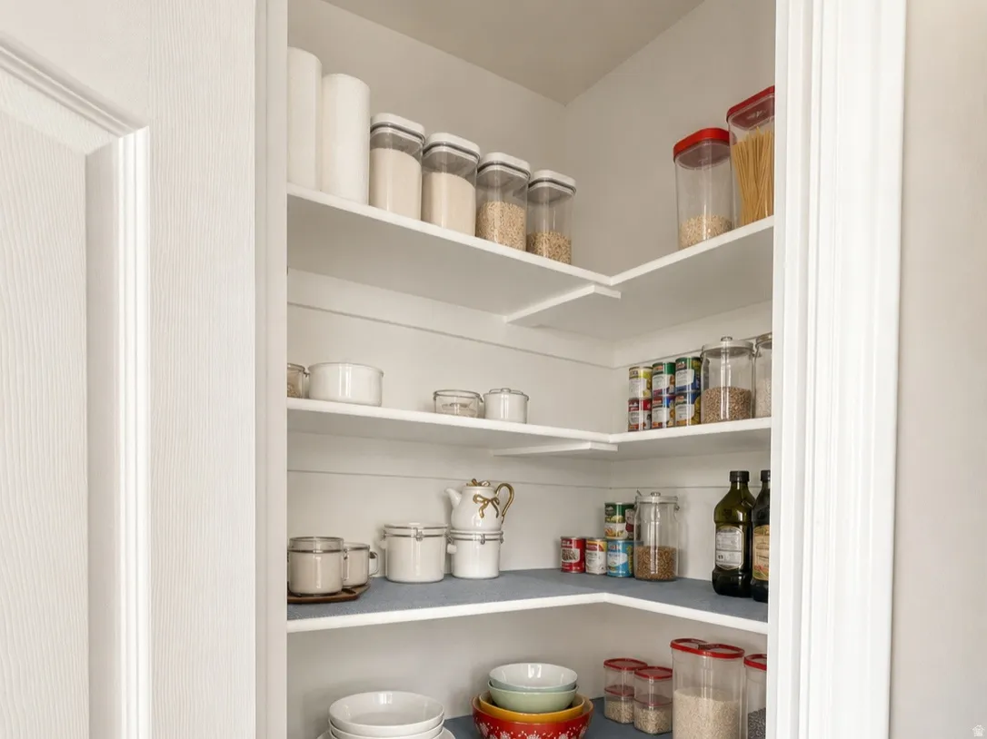 Corner pantry featuring multiple adjustable shelves and wood-finish flooring